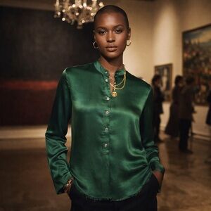 Raquel Allegra NWT Perfect Henley Satin Cyprus Blouse w/Irridescent Buttons, XS